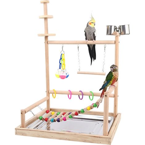 Mangeoire en bois pour perroquets, perruches, calopsittes et autres oiseaux, avec échelle, balançoire et perchoir.-AquaForge