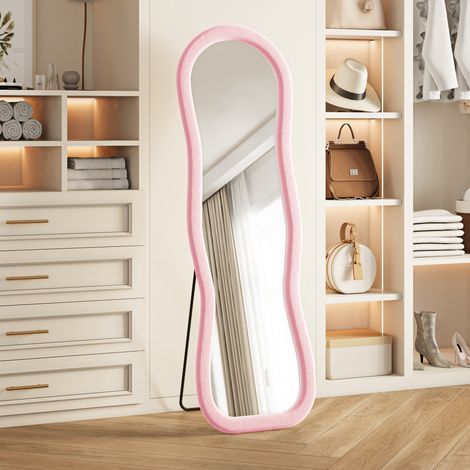 Miroir sur Pied 50x160cm, Miroir Plein Pied Cadre Ondulé Effet Velours Rose, Verre Haute Résolution, Déco Chambre Salon (1/5)