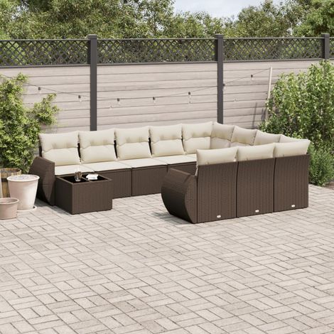 11-tlg. Garten-Sofagarnitur mit Kissen Braun Poly Rattan (1/3)