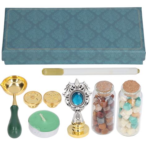 Kit de Tampon à Cire avec Manche Amovible Gravure Claire, Travail Exquis et Fin, Four à Cire Antique Poignée Bleu Lac Argenté avec Strass SP272 (1/5)