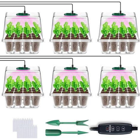 Mini Serre pour Plantes avec Lampes de Culture, 6 Pièces Bac à Semis avec Contrôleur de Minuterie de Luminosité Réglable, Épaissir Boite Semis, pour Plantation de Semis, Transparent