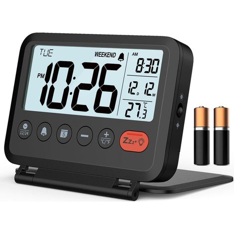 Reloj despertador digital de viaje  con retroiluminación de 2 niveles, visualización de calendario/temperatura y cubierta plegable.