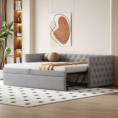 , Lit rembourré,  canapé-lit extensible 90x200cm avec sommier à lattes,  lit multifonctionnel/lit d'appoint,  revêtement en velours doux pour la peau,  gris clair (matelas non inclus)...