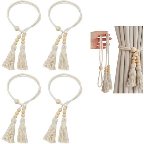 Cordoncini per tende in 4 pezzi, intrecciati con nappe, per la decorazione della casa, ideali per soggiorno, camera da letto e ufficio - Bianco, Colore legno (1/5)
