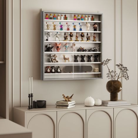 Tableau de Rangement à 5 Étagères Réglables en Bois avec Portes en Verre, 80x9.5x83 cm, Blanc et Gris (1/5)