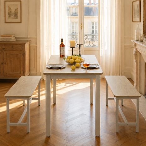 Set tavolo da pranzo 3 pezzi con 2 panche, Tavolo da cucina salvaspazio per piccoli appartamenti, MDF e acciaio 110 cm, Naturale e bianco (1/5)
