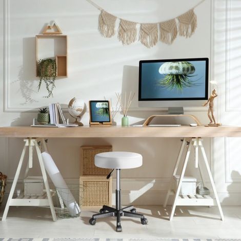 Tabouret de bureau à roulettes assise 35 cm blanc avec dossier pivot à 360° (1/5)