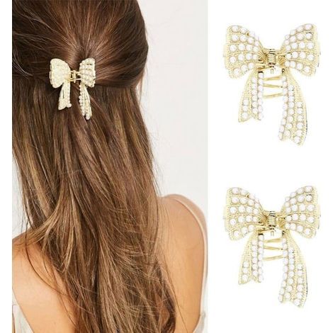 Unicra Gold Pearl Hair Clips, Bow Tie, Set of 2 (1/5)