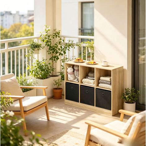 Mueble de almacenamiento cubo 80 x 30 x 61 cm con 3 cajones de tela, roble claro y negro HAVRYA (1/5)