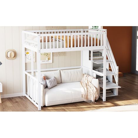 Lit mezzanine 140x200cm avec échelle de sécurité, garde-corps protecteur, cadre en pin massif, adapté aux enfants, ados et adultes, blanc, ancien SKU LDB00311AAK (1/5)