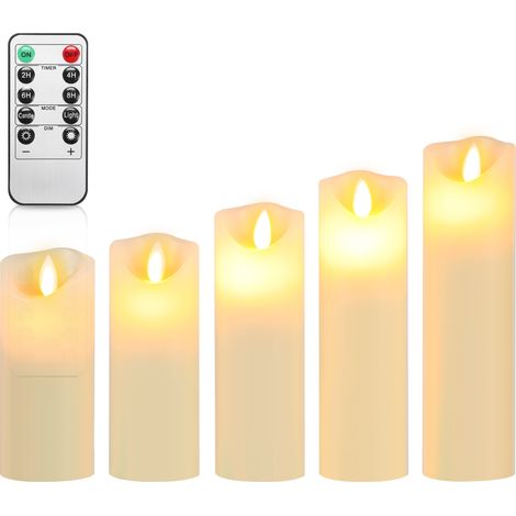 Wolketon Candele LED, set di 5 candele decorative senza fiamma con telecomando a 10 tasti, effetto fiamma LED tremolante, bianco (1/5)