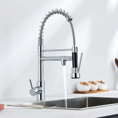 Küchenarmatur mit ausziehbarem Brausekopf und zwei Strahlarten, hohem Auslauf, flexibler Küchenmischerarmatur, Spültischarmatur aus verchromtem Messing.