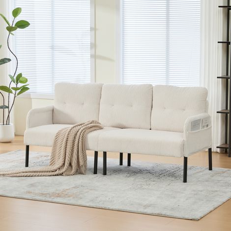 Sofa 3-Sitzer aus Cord Beige 171 x 72 x 80 cm mit Seitentasche und Metallfüßen