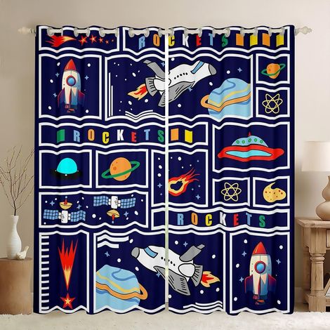 Rideaux de fenêtre imprimés fusées, vaisseau spatial planètes étoiles galaxie décoration d'intérieur, blanc plaid grille bleu foncé, rideaux de fenêtre durables pour enfants, cadeaux - 183x117cm (HxB) (1/5)