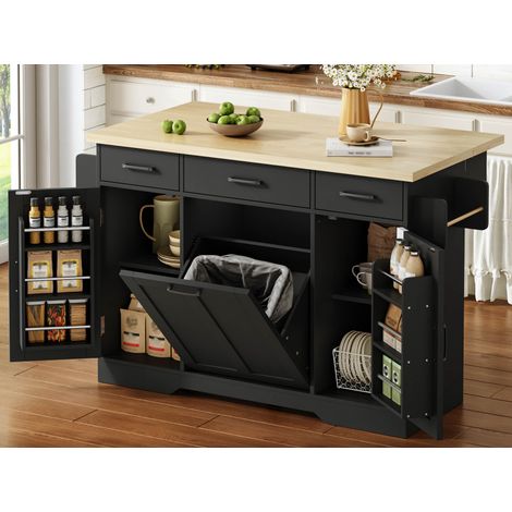 Modernluxe - Îlot central de cuisine avec table rabattable, 3 portes et 3 tiroirs, poubelle intégrée - noir (1/4)