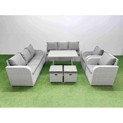 Fimous Rattan High Back Lounge Sofa Set Patio Dining Table & Chairs Set with 3 Seater Sofa 2 Reclining Chairs 2 Small Stool Light Grey (1/4)