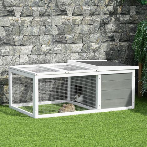 PawHut Clapier cage à lapins imperméable grand espace en bois massif gris 115x66x47,5 cm