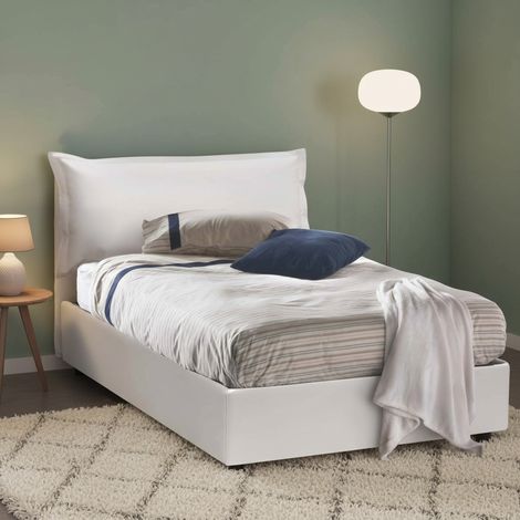 Dmora - Cama de plaza y media Dlemin, Cama contenedor con tapizado en ecopiel, 100% Made in Italy, Apertura frontal, adecuado para colchón 120x200 cm, Blanco (1/5)