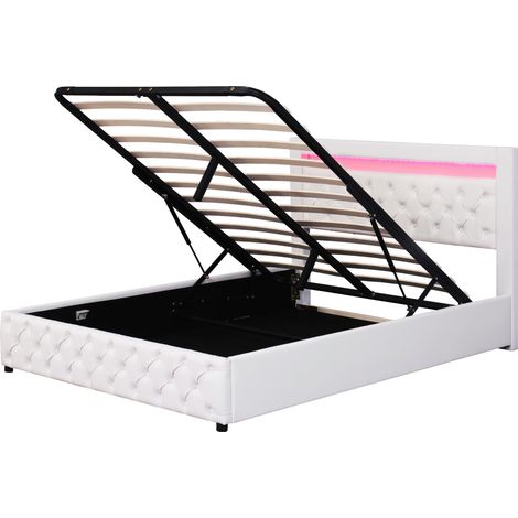Lit coffre capitonné 160 x 200 cm avec sommier, éclairage LED, rangement, PU blanc HOMVRA (1/5)