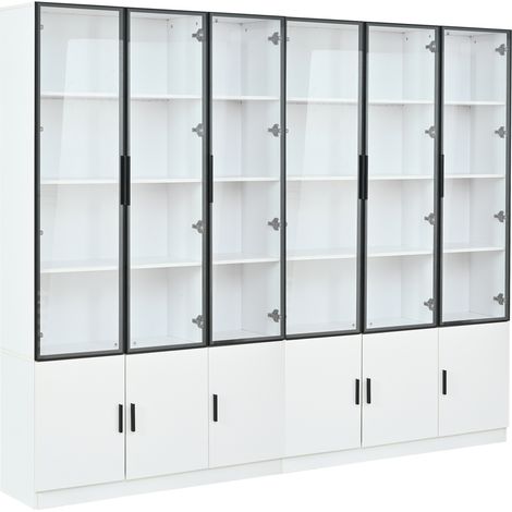 Vitrine blanche en MDF avec 12 portes en verre, éclairage LED contrôlable par application, 240 x 32 x 200 cm (1/5)