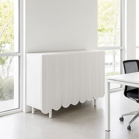 URBAN MEUBLE Meuble de rangement de bureau blanc 4 portes avec motif sculpté 120×37.5×80.8 cm (1/5)