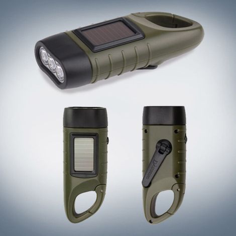 Linterna LED recargable con energía solar y manivela para uso en exteriores como linterna LED de emergencia. (1/3)
