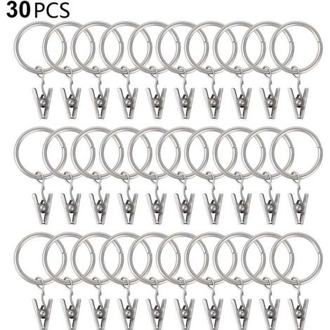 30 PCS curtain rings with clips, sturdy drapery clips, hooks on tension rod bracket, inner diameter metal eyelets, decorative curtain hangers, silver
