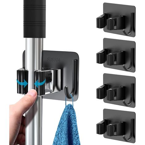 Porte-balai mural auto-adhésif en acier inoxydable (lot de 4) avec crochets de suspension - Noir
