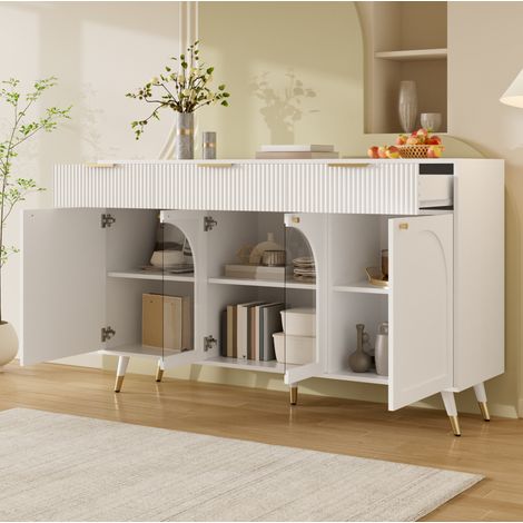 Sideboard 140x40x85.5 cm, 4 Türen, 3 Schubladen, Acryleinsätze, MDF und Spanplatte, Weiß (1/5)