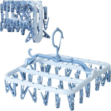 Étendoir à linge pliable à pinces en plastique avec 32 pinces Cintre à pinces résistant au vent pour sous-vêtements, chaussettes et soutiens-gorge (bleu) (1/5)