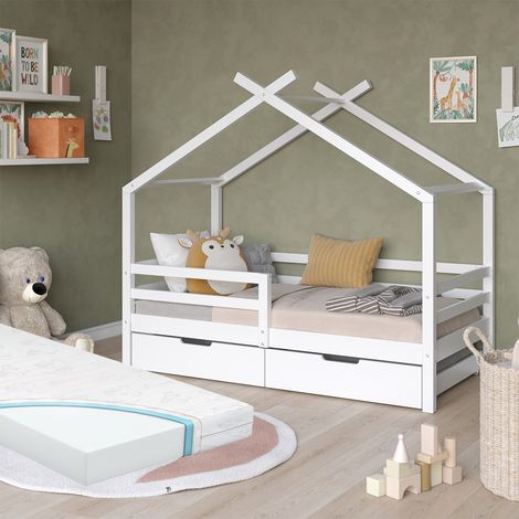 Lit cabane Luni, Blanc, 160 x 80 cm avec caissons de rangement et matelas, Vitalispa (1/5)