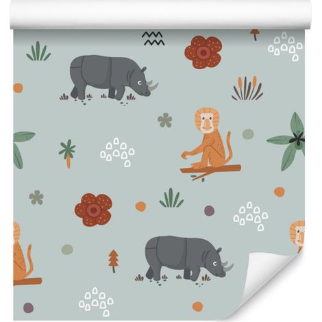 Papel pintado con estampado de flora y fauna tropical, color gris claro, 50x1000 cm. (1/5)