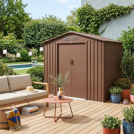 Abri de jardin en métal - Houtland. 2.71 m² terracotta - Cabane à outils avec double portes coulissantes. kit de fixation sol inclus. L 213 x P 131 x H 185cm (1/5)