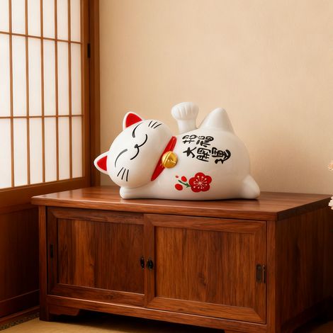 Statue Maneki-Neko Lucky Cat - Figurine Solarée Chat Fortune Position Lying Bras Oscillant ABS 10.5x6x7cm Gris 1 Pièce (1/5)