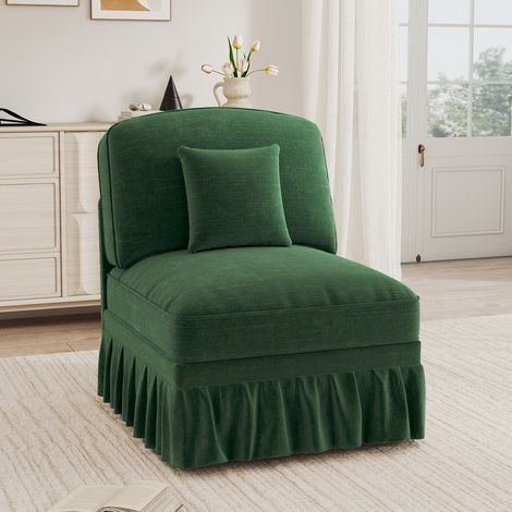 Canapé 1 place sans accoudoirs en chenille avec fils argentés – Design elegant – Avec coussin et jupe à volants amovible – Idéal pour salon et petit espace – 78×83×93 cm – Vert (1/5)