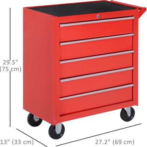 Coffre à outils mobile à 5 tiroirs en acier rouge, verrouillable, avec poignée, pour atelier ou garage. (1/5)