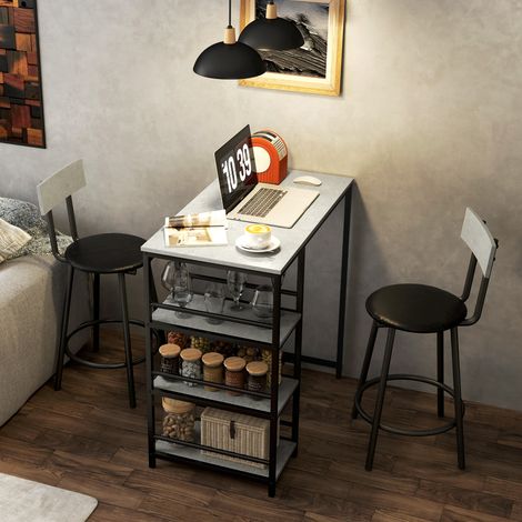 Bartisch-Set mit 2 Hockern und Ablageflächen für Esszimmer und Küche, grau und schwarz