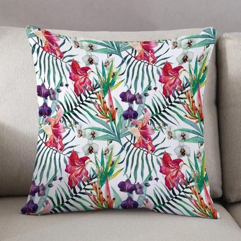 Sofakissenbezug 45 x 45 cm, Blumenmuster, Aquarell, exotische Tropenpflanzen, leuchtende Farben, Hawaiianischer Sommer (Kissen nicht enthalten), Wohnzimmerkissenbezug. (1/5)