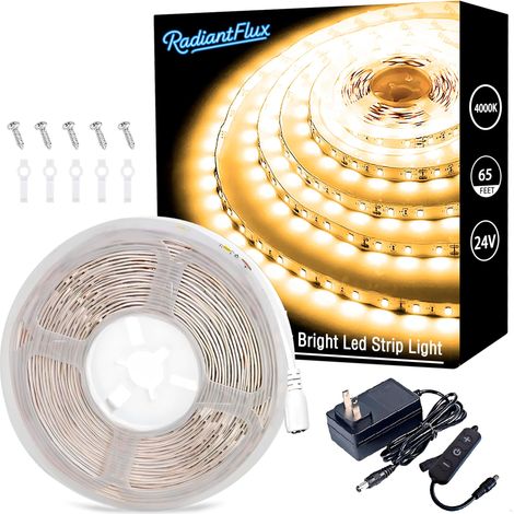 Ruban LED flexible blanc naturel 4000K de 20 m (65,6 pi), à intensité variable et haute luminosité, idéal pour l'éclairage intérieur du salon et de la cuisine. (1/5)
