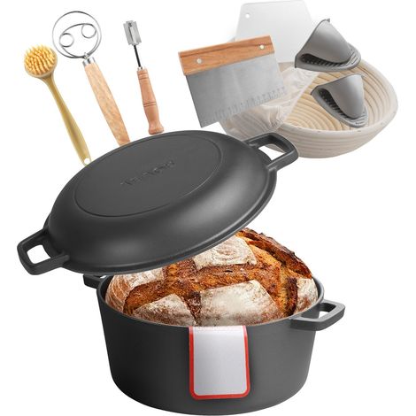 Cocotte en fonte 2 en 1, marmite pré-assaisonnée avec couvercle et poignées, 4,73 L, diamètre 26 cm, avec panier de fermentation et accessoires de cuisson du pain, pour four à pain 260 °C, noir (1/5)