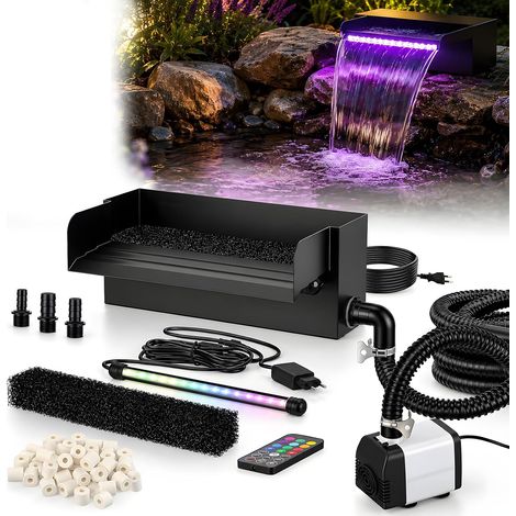 Kit de bassin cascade de 30 cm, avec pompe à cascade de 45 W 2000 l/h et cage de filtre, cascade en acier inoxydable avec lumières LED en 13 couleurs, jeu d'eau extérieur pour bassin de jardin