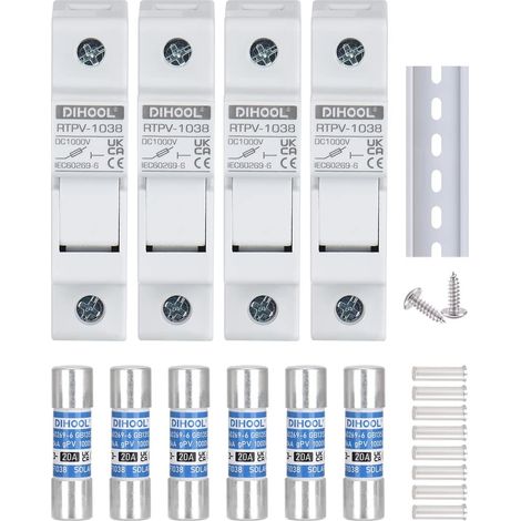 fusibles photovoltaïques solaires 1 pôle dc1000v 10 x 38 mm montage sur rail Din, fusibles photovoltaïques 20A (4 porte - fusibles et 6 fusibles) (1/5)