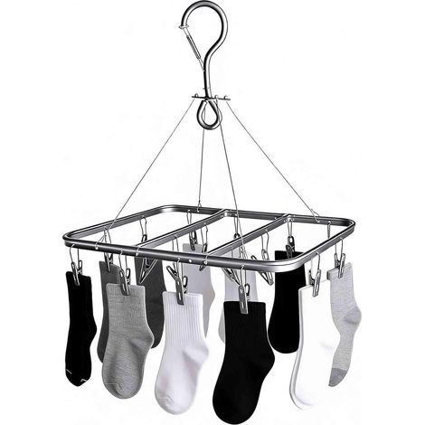 Socken-Wäscheständer, Camping-Wäscheleine, Sockentrockner mit 16 Klammern, Wäscheklammern, Kleiderbügel für Kleidung, Unterwäsche und Socken, grau