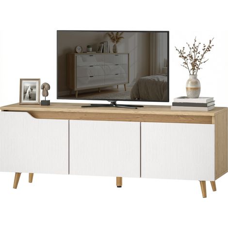 Meuble TV 120 cm, meuble télé pour téléviseur jusqu'à 55 pouces avec 3 portes, étagère réglable, chêne et blanc (1/5)