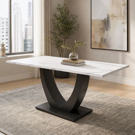 Esstisch 140 x 75,5 cm aus MDF und Metall, Marmoroptik, verstellbare Füße, Weiß und Schwarz HAVRYA (1/5)
