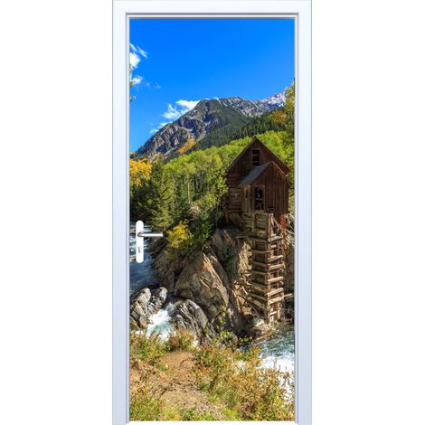 Adhesivo de tela para puerta con diseño de cabaña junto al arroyo de montaña 900PD