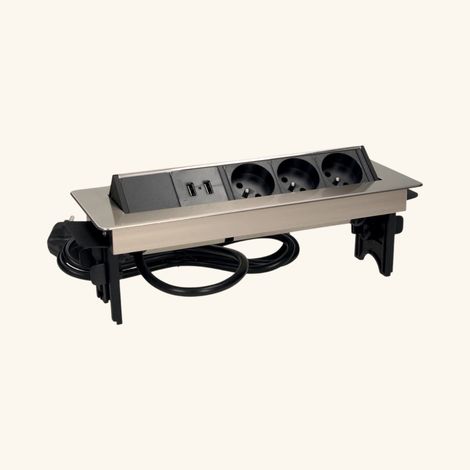 Prise plan de travail AURA - Bloc 3 prises + 2 USB-A rétractable inox