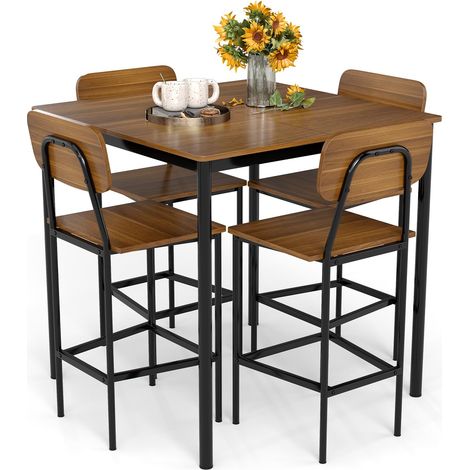 COSTWAY Ensemble Table et 4 Chaises, Table Haute Cuisine 90 x 90 cm, Tabouret avec Dossier, Mange Debout pour 4 Personnes, Design Compact, pour Cuisine, Bistro, Salon, Bar (Noyer) (1/5)
