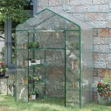 Serra da esterno Outsunny, serra da giardino a 4 livelli con ripiani, struttura in acciaio, per la coltivazione di piante, fiori e pomodori, 143x73x195 cm, trasparente.