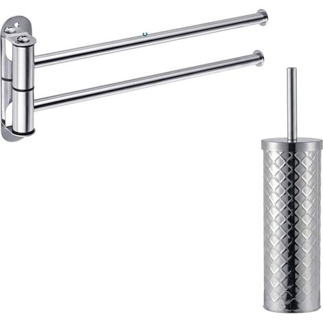 Ensemble de salle de bains porte-serviettes et brosse WC 14 x 32,5 x 3 cm avec barres pivotantes design moderne en inox argent (1/4)